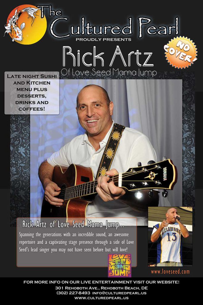 Rick Arzt Band concert poster by Ralph Manis for show at The Cultured Pearl in Rehoboth Beach, DE. Rick Arzt is also the lead singer for the Love Seed Mama Jump band. Concert poster created with Adobe Photoshop. More >